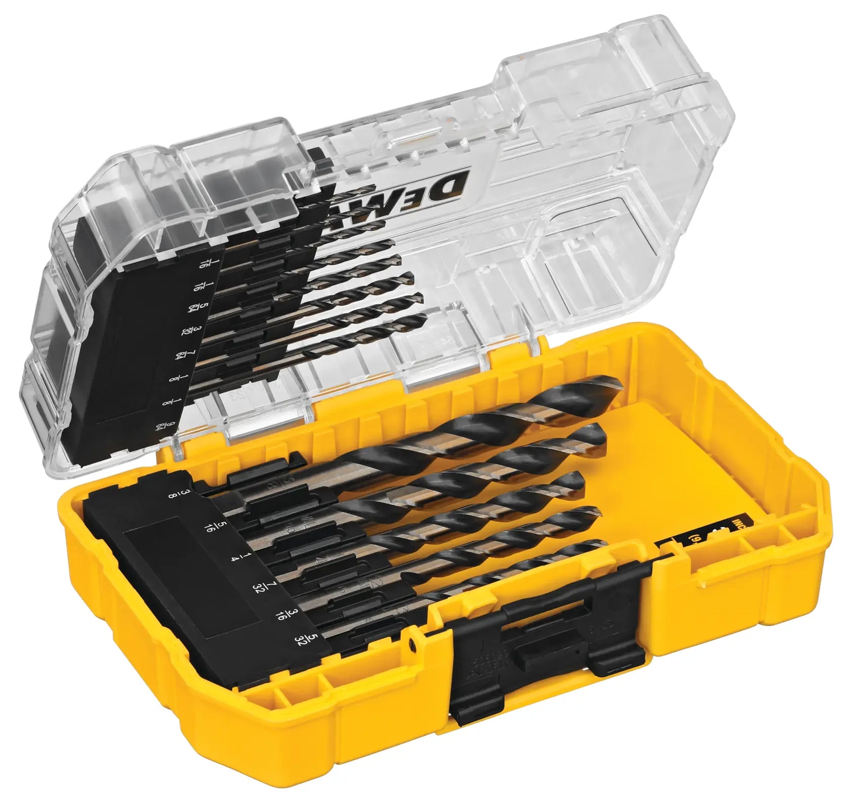 Angled view of the open DEWALT DW1162 drill bit set, highlighting the black oxide finish designed for durability and reduced friction in professional drilling applications.