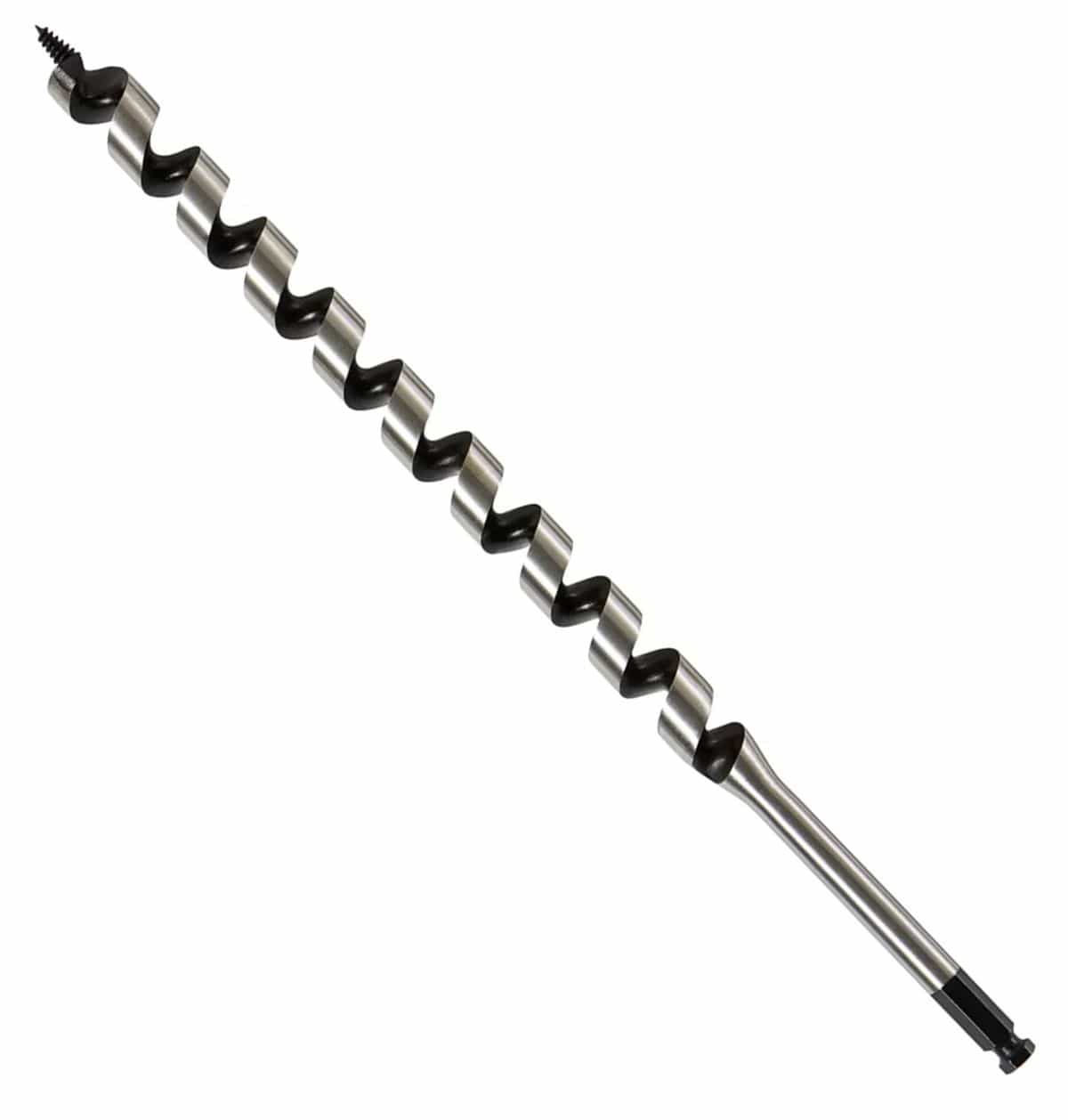 A studio product view of the DEWALT DW1686 power ship auger bit shown at an angle against a white background. The image displays the 17-inch long hardened alloy steel body, the sharp self-feed spur at the tip, and the 7/16-inch quick-change ball groove shank at the base.