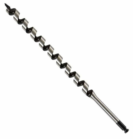 A studio product view of the DEWALT DW1686 power ship auger bit shown at an angle against a white background. The image displays the 17-inch long hardened alloy steel body, the sharp self-feed spur at the tip, and the 7/16-inch quick-change ball groove shank at the base.