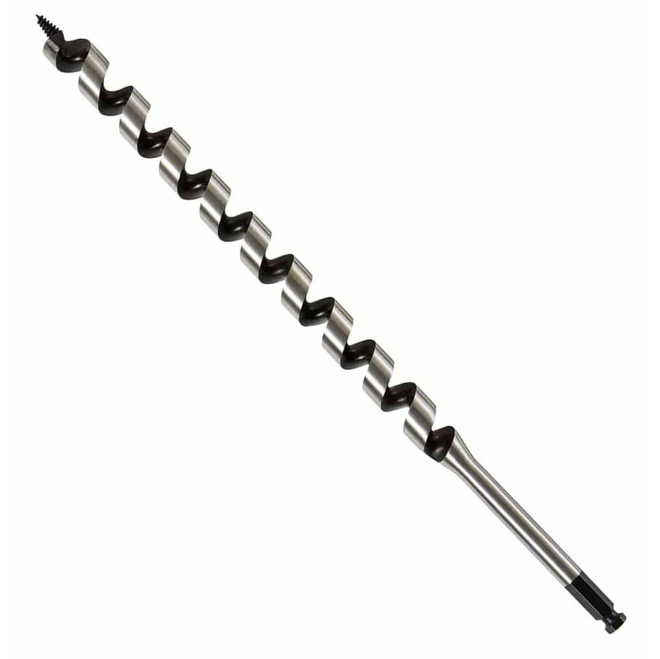 A studio product view of the DEWALT DW1686 power ship auger bit shown at an angle against a white background. The image displays the 17-inch long hardened alloy steel body, the sharp self-feed spur at the tip, and the 7/16-inch quick-change ball groove shank at the base.