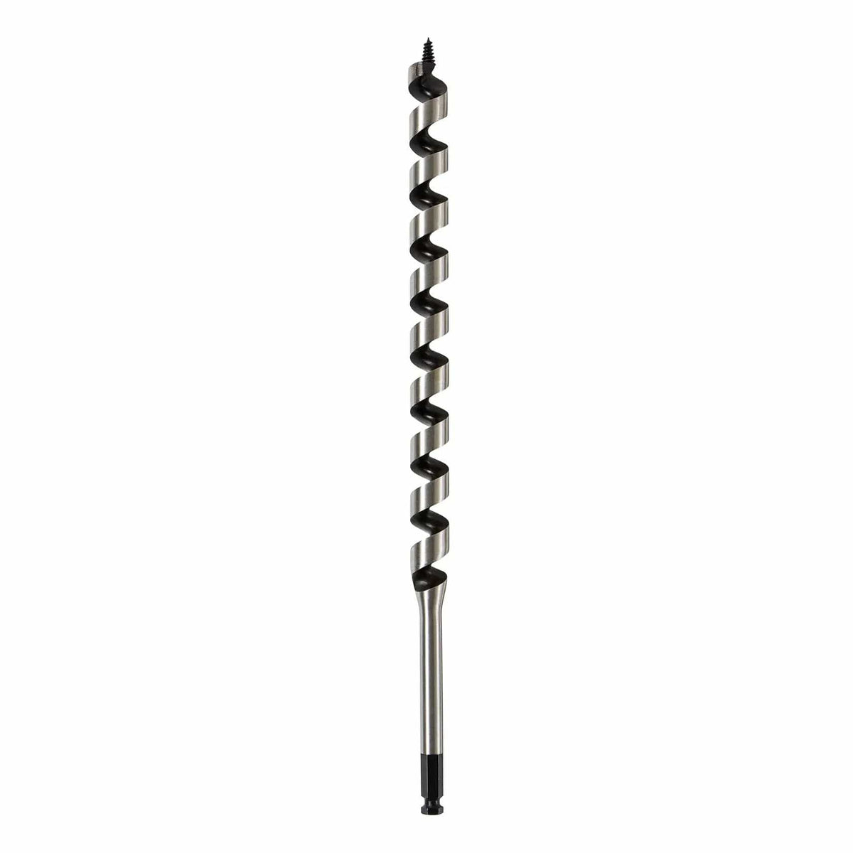 A direct vertical profile view of the DEWALT 15/16-inch diameter ship auger bit. The shot highlights the deep hollow center flutes designed for aggressive chip extraction and the dual-cutting edges engineered to bore through wood and nail-embedded lumber.