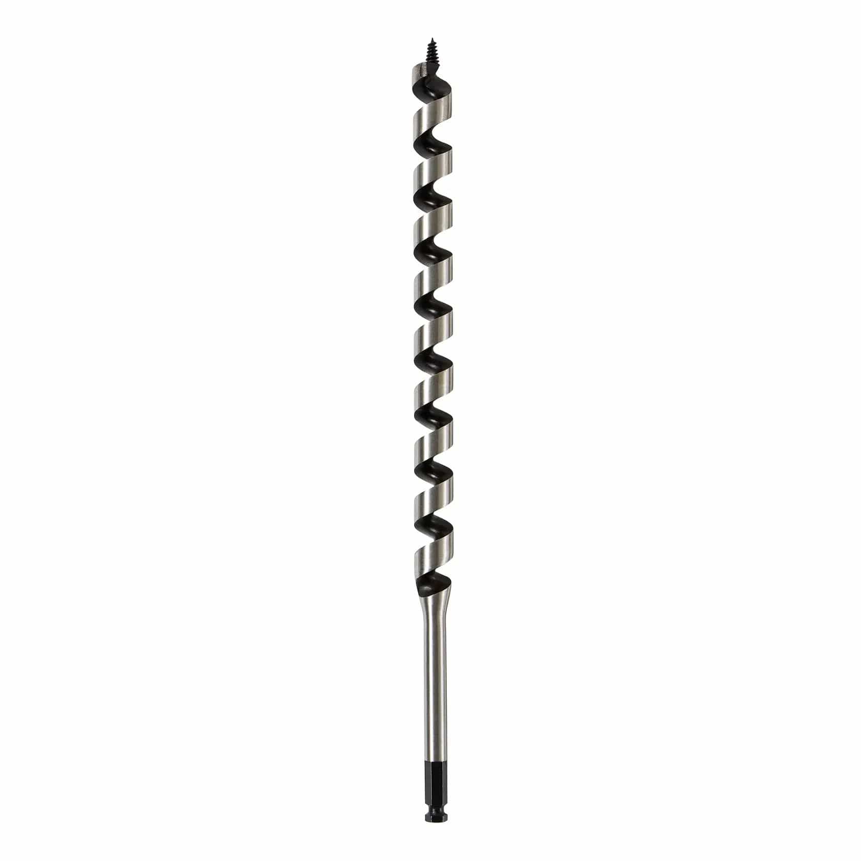 A direct vertical profile view of the DEWALT 15/16-inch diameter ship auger bit. The shot highlights the deep hollow center flutes designed for aggressive chip extraction and the dual-cutting edges engineered to bore through wood and nail-embedded lumber.