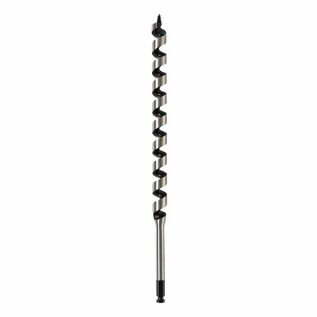A direct vertical profile view of the DEWALT 15/16-inch diameter ship auger bit. The shot highlights the deep hollow center flutes designed for aggressive chip extraction and the dual-cutting edges engineered to bore through wood and nail-embedded lumber.