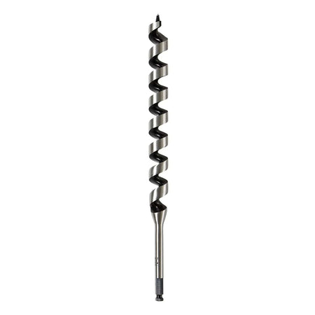 A direct vertical profile view of the DEWALT 1-1/16 inch diameter ship auger bit. The shot highlights the deep hollow center flutes designed for aggressive chip extraction and the dual-cutting edges engineered to bore through wood and nail-embedded lumber.