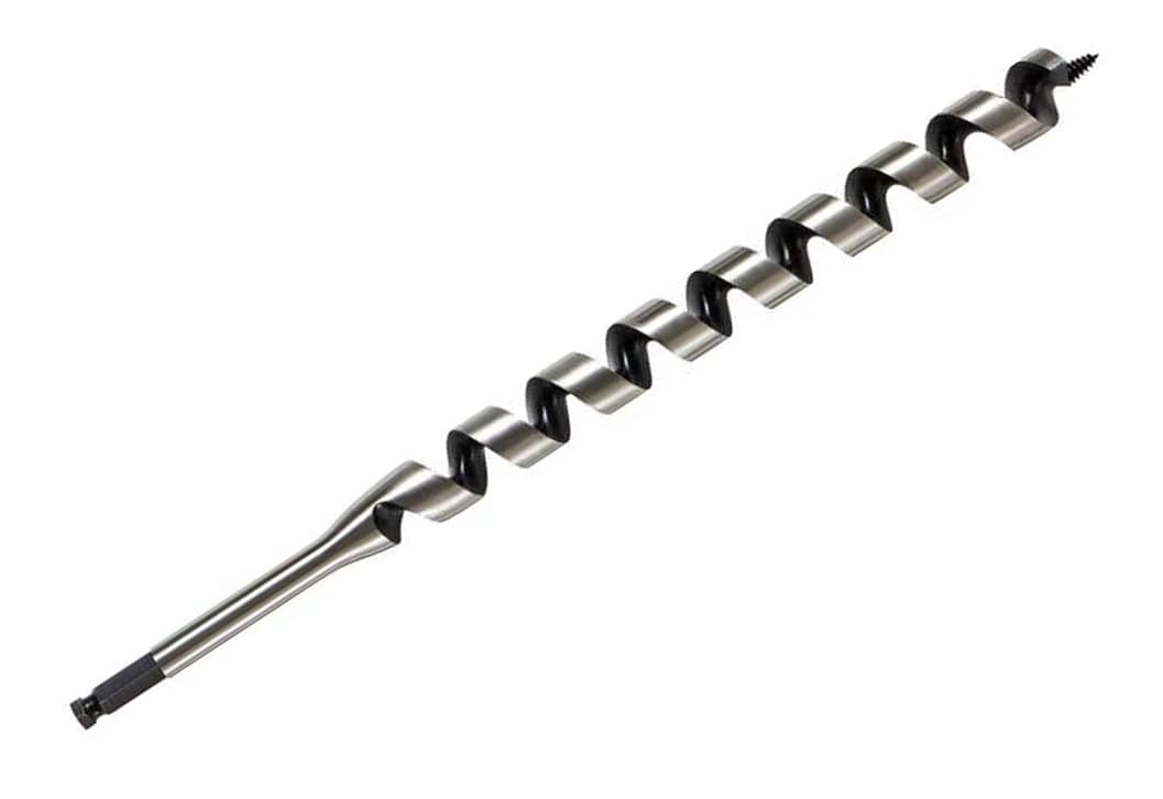 The DEWALT 1-1/8 inch by 17-inch Power Ship Auger Bit, showing the self-feed screw tip, the wide flutes for chip removal, and the hex shank on a white background.