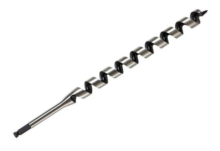 The DEWALT 1-1/8 inch by 17-inch Power Ship Auger Bit, showing the self-feed screw tip, the wide flutes for chip removal, and the hex shank on a white background.