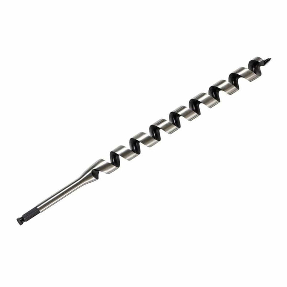The DEWALT 1-1/8 inch by 17-inch Power Ship Auger Bit, showing the self-feed screw tip, the wide flutes for chip removal, and the hex shank on a white background.