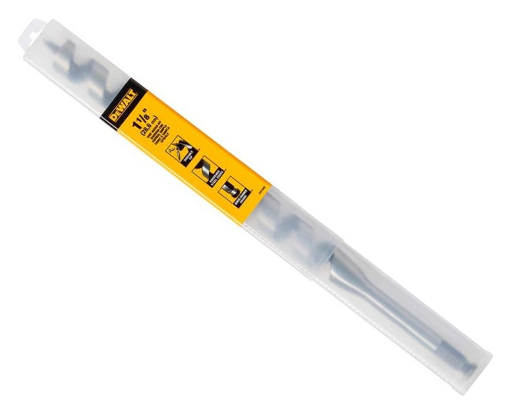 The DEWALT 1-1/8 inch Ship Auger Bit packaged inside a clear plastic protective tube with yellow and black labeling showing the size and features.