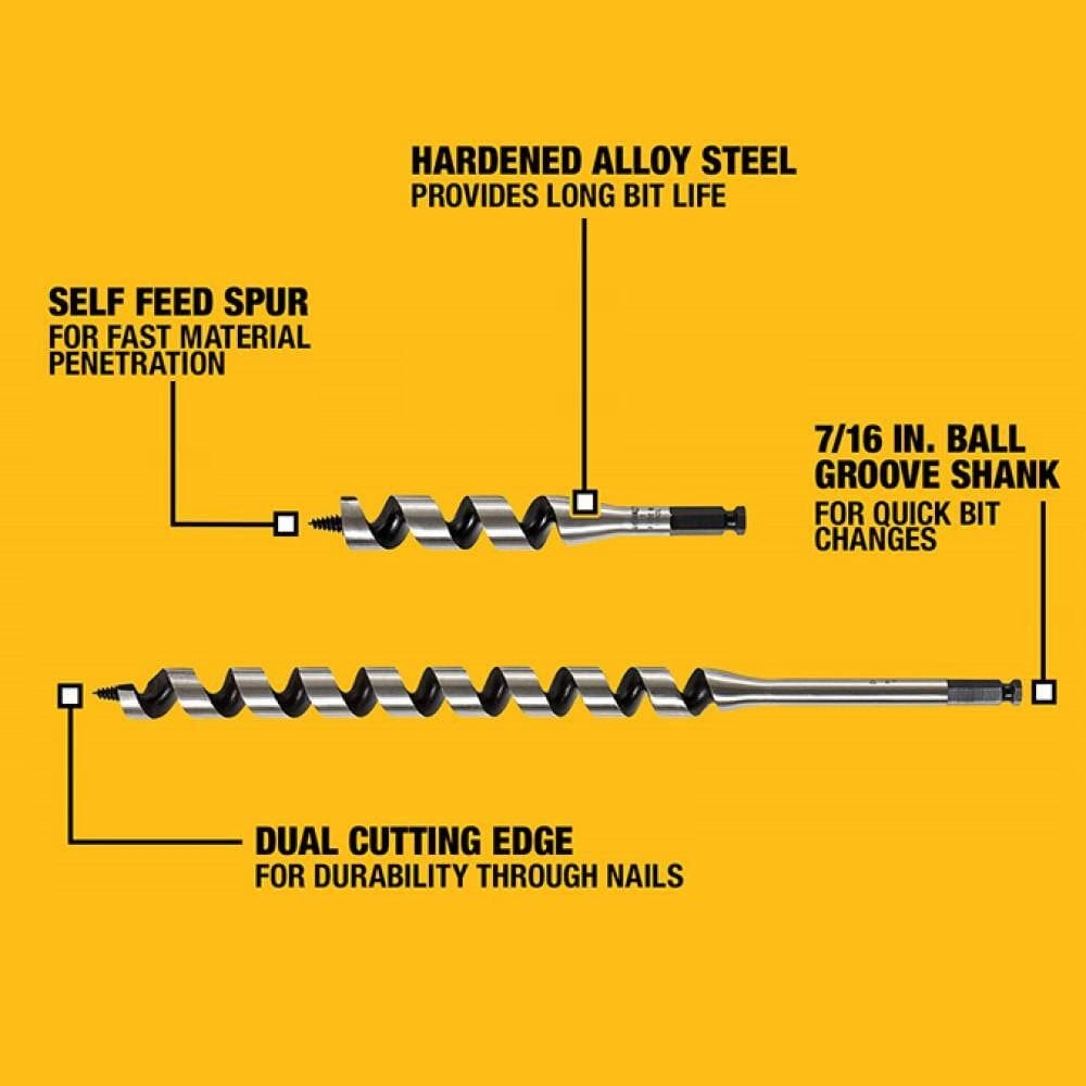 A diagram of the DEWALT Ship Auger Bit with text callouts highlighting the key features: self-feed spur, dual cutting edge, hardened alloy steel, and 7/16 inch ball groove shank.