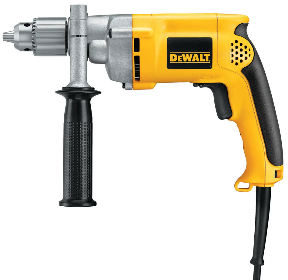 A full side profile studio shot of the DEWALT DW235G 1/2-inch corded variable speed reversible drill. The image showcases the signature yellow and black ergonomic body, the heavy-duty metal gear housing, the keyed chuck, and the 360-degree adjustable side handle for maximum user control.