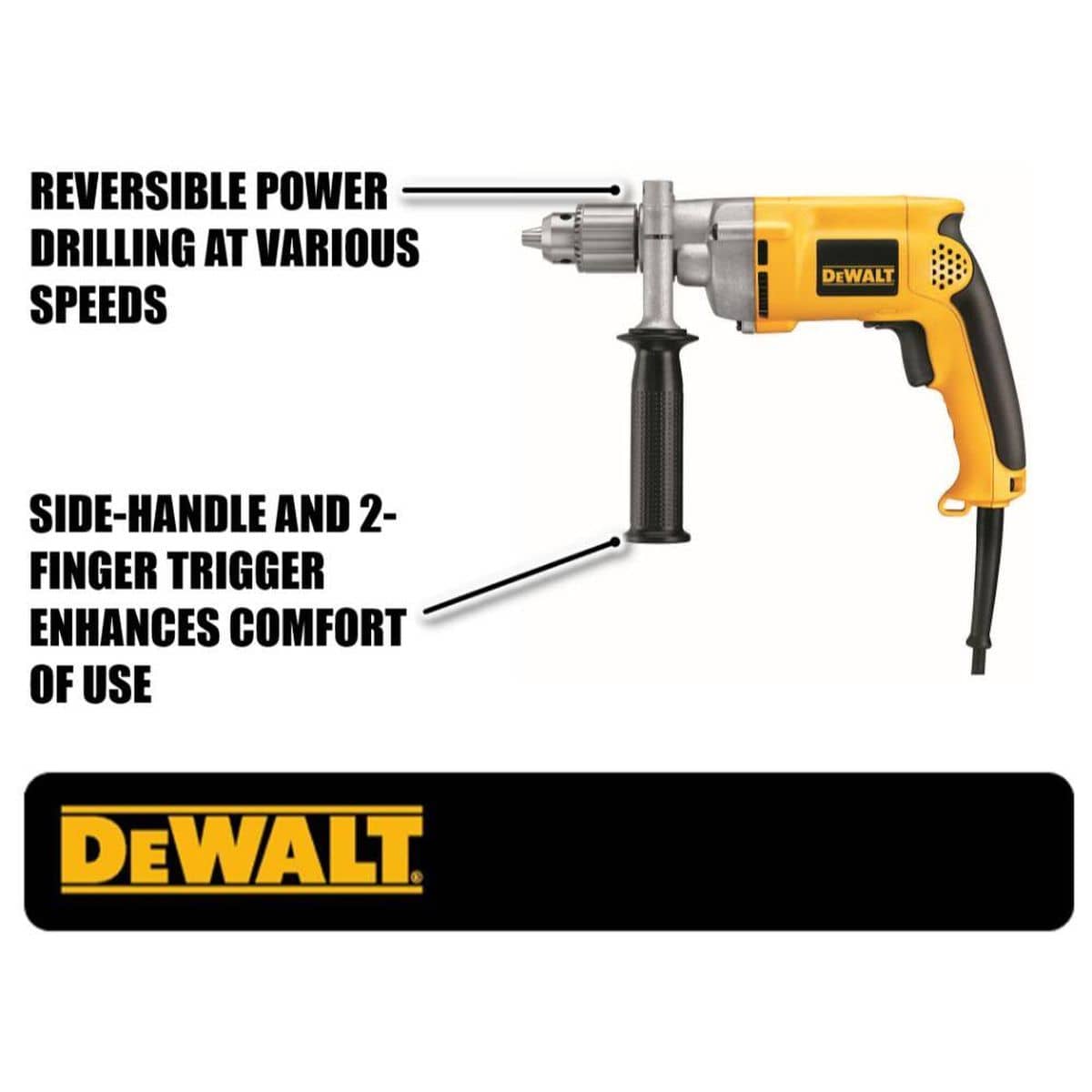 An annotated marketing diagram of the DEWALT DW235G drill. Callouts point to the reversible power feature for drilling at various speeds and the combination of the 360-degree side handle and two-finger trigger, which together enhance comfort and leverage during high-torque tasks.