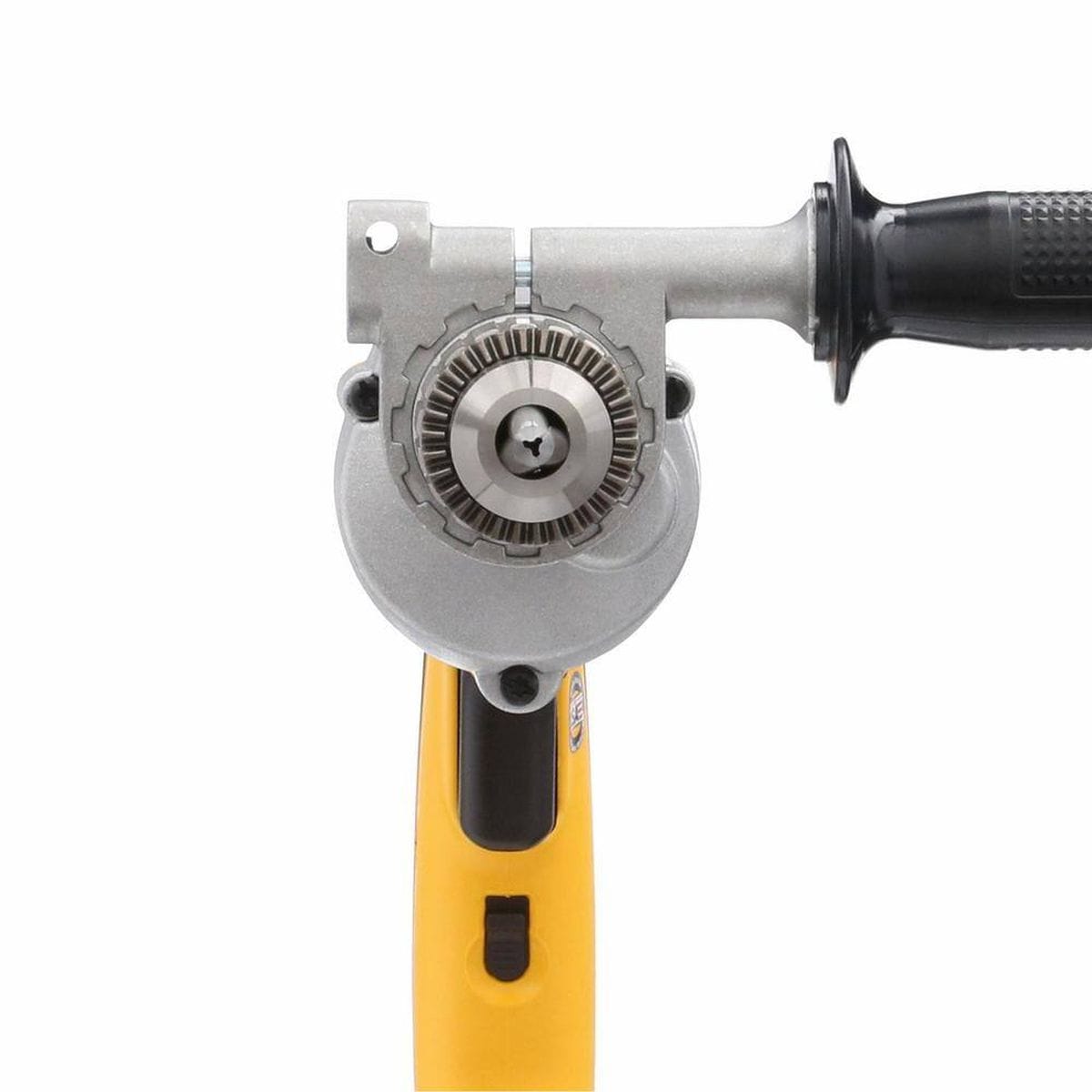 A front-facing studio view of the DEWALT DW235G drill head. The shot focuses on the industrial-grade keyed chuck and the mounting collar for the adjustable side handle, illustrating the tool's heavy-duty alignment for professional contractors.