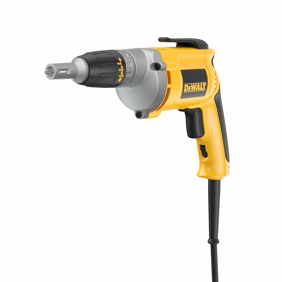 Perspective studio shot of the DEWALT DW272 4,000 RPM VSR Drywall Screwgun featuring the durable metal gear housing and depth-sensitive nosepiece for consistent fastener placement.