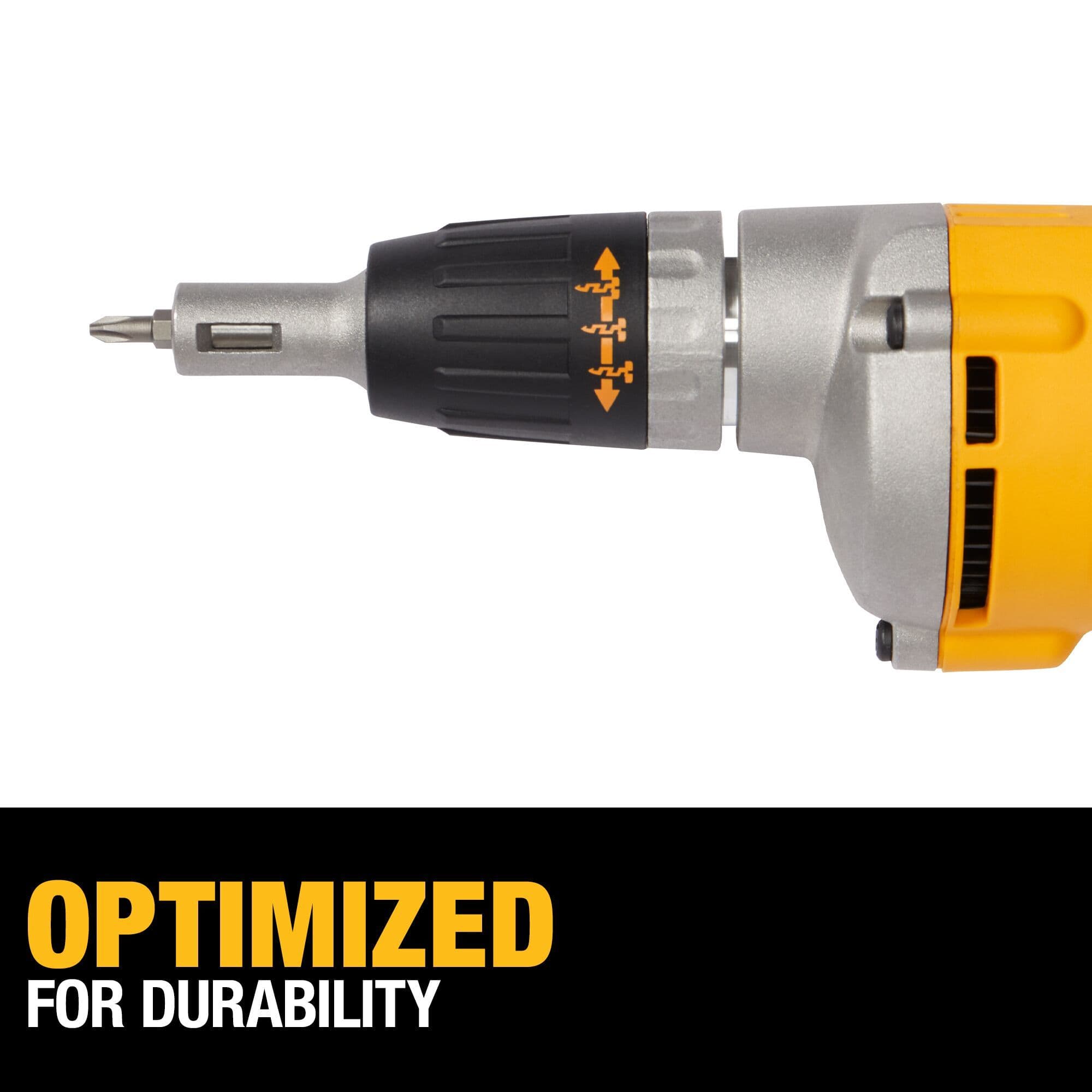 Close-up of the metal gear housing on the DEWALT drywall screwgun with text overlay Optimized For Durability, focusing on the rugged construction and depth adjustment collar for professional reliability.