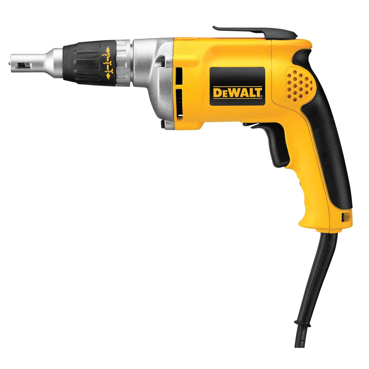 Right side view of the DEWALT DW272 VSR Screwgun highlighting the helical-cut steel gears and the set-and-forget nosepiece optimized for professional drywall installation and framing.