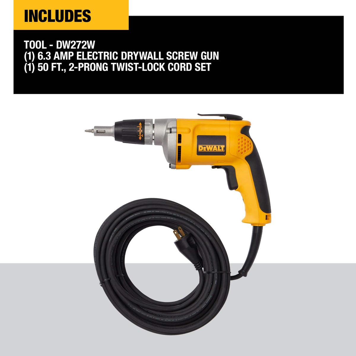 Product display of the DEWALT DW272 Screwgun with its included 50-foot heavy-duty 2-prong twist-lock cord set, emphasizing the tool's extended reach for large-scale construction projects.