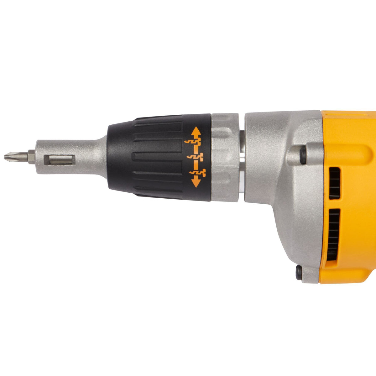 Macro view of the DEWALT depth-sensitive nosepiece showing the adjustable collar and bit tip designed for precise countersinking of drywall screws without tearing the paper surface.