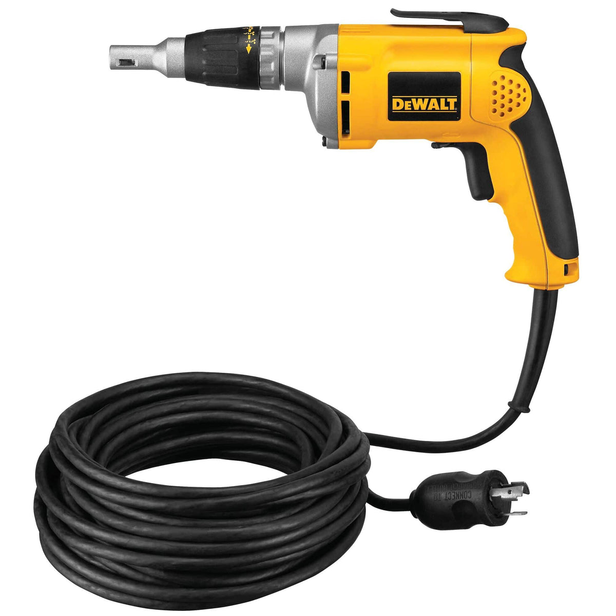 The DEWALT corded drywall screwgun shown with a coiled heavy-duty power cord and industrial-grade plug, highlighting the durable power connection for commercial jobsite use.