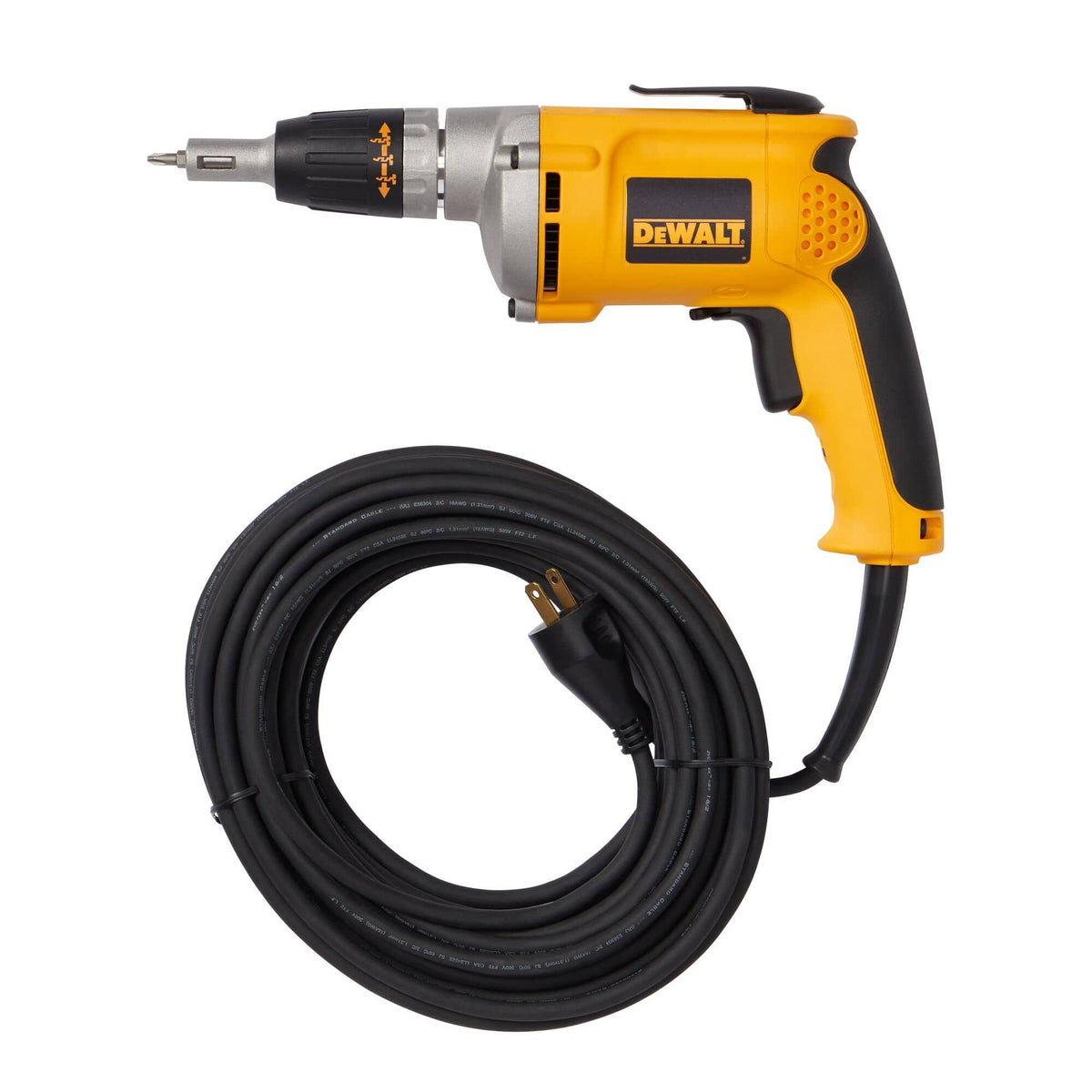 Full tool view of the DEWALT DW272 VSR Screwgun with its 50-foot cord neatly coiled, showcasing the complete corded electric setup for high-speed drywall hanging.