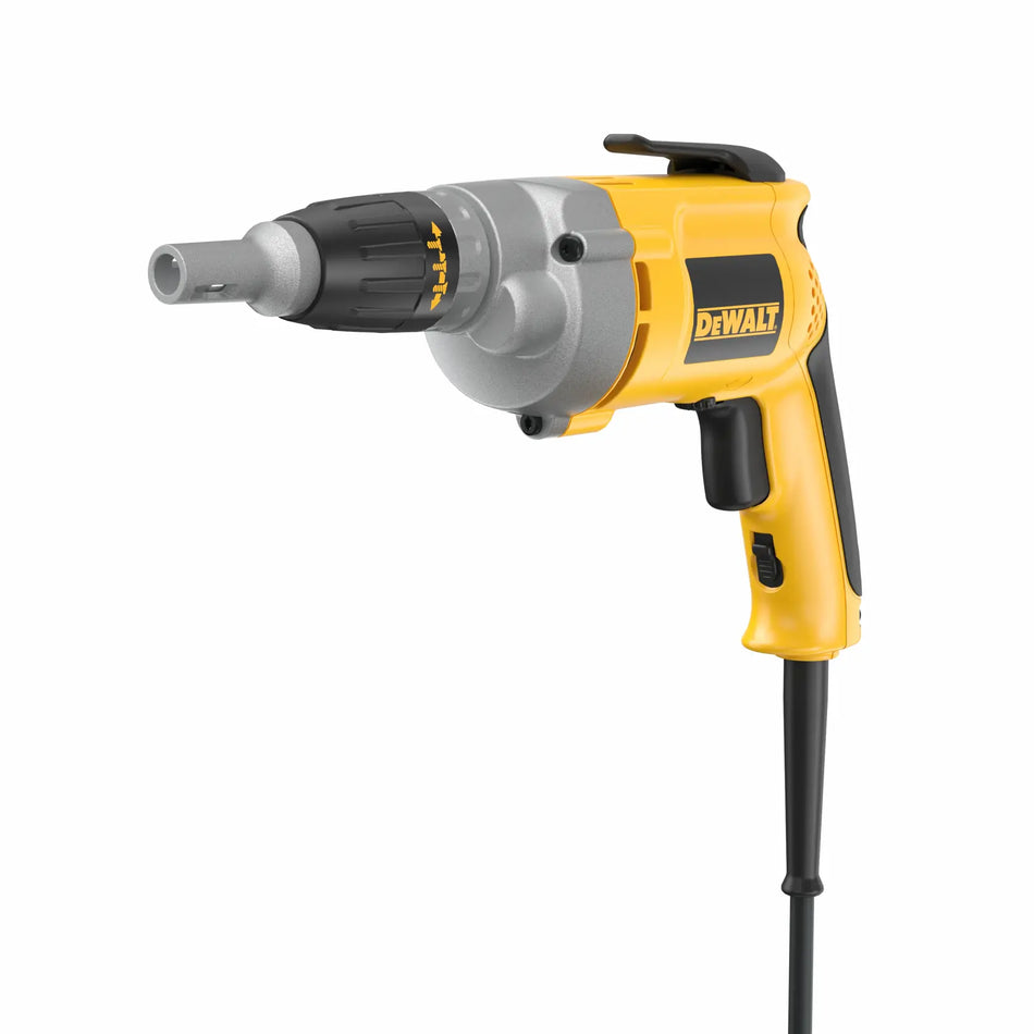 Angled front view of the DEWALT DW276 2500 RPM corded all-purpose screwgun, showcasing the high torque metal gear housing, top belt clip, and depth-sensitive nosepiece designed for consistent fastener depth.
