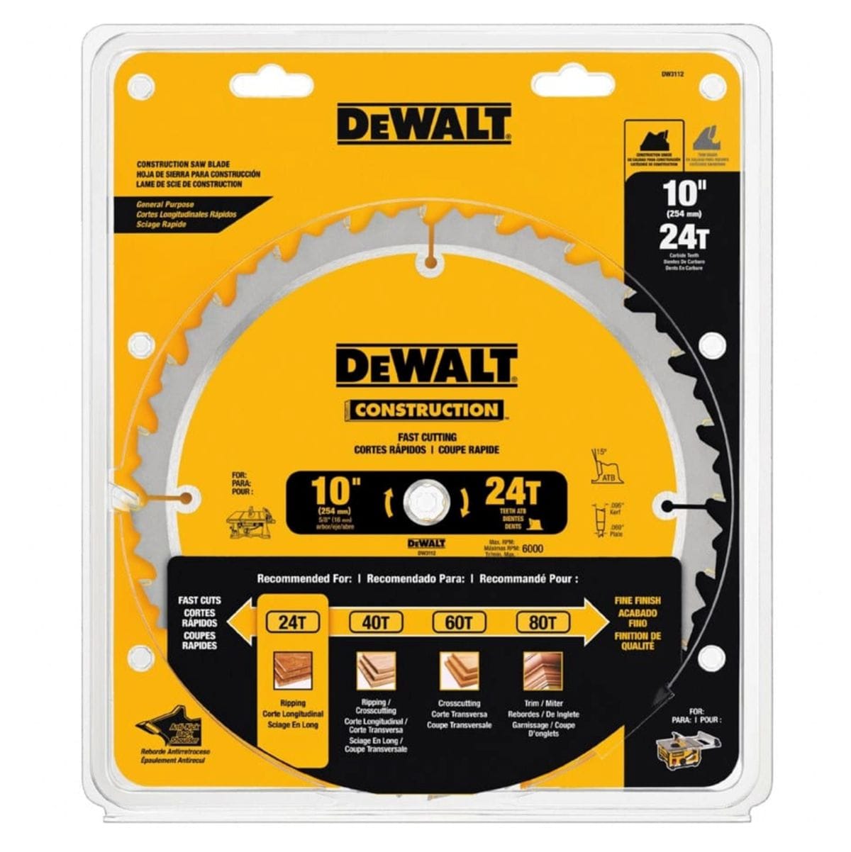 Retail packaging of DeWalt DW3112 construction saw blade with 10-inch diameter and 24 teeth, labeled for fast ripping cuts and general purpose woodcutting, with multilingual usage chart.