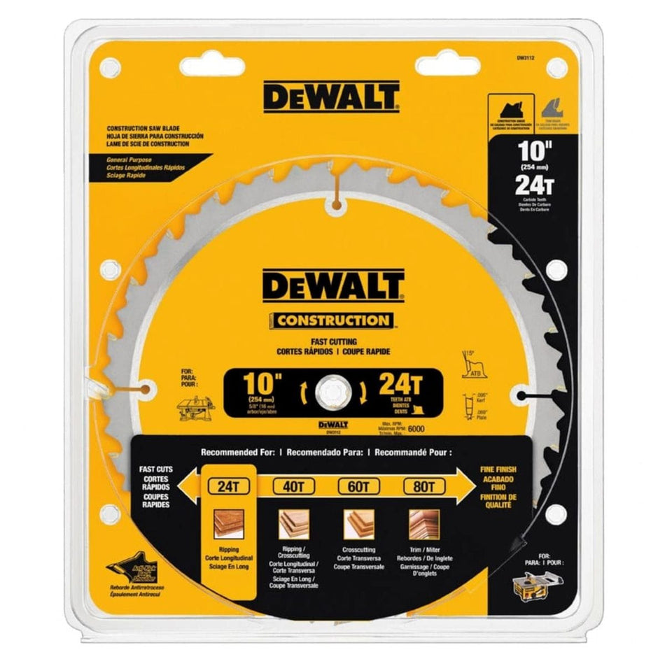Retail packaging of DeWalt DW3112 construction saw blade with 10-inch diameter and 24 teeth, labeled for fast ripping cuts and general purpose woodcutting, with multilingual usage chart.