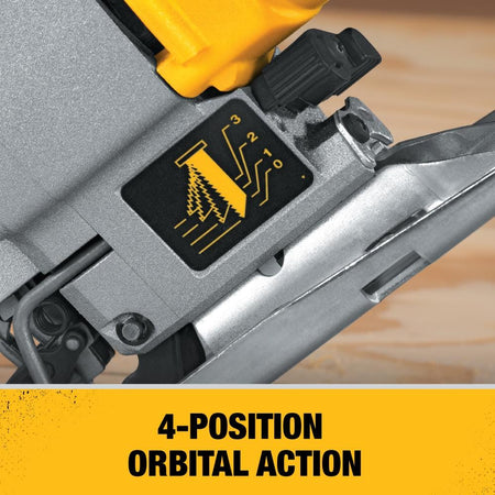Close-up of the DEWALT DW317K highlighting the 4-position orbital action lever and graphical setting indicator for adjusting cutting aggressiveness in various materials.