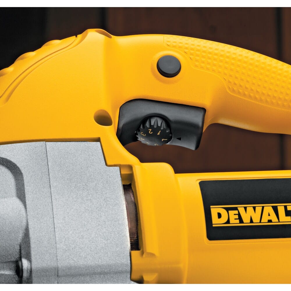 Detailed view of the DEWALT 5.5 amp jig saw handle showing the variable speed dial integrated into the trigger and the convenient lock-on button for continuous operation.