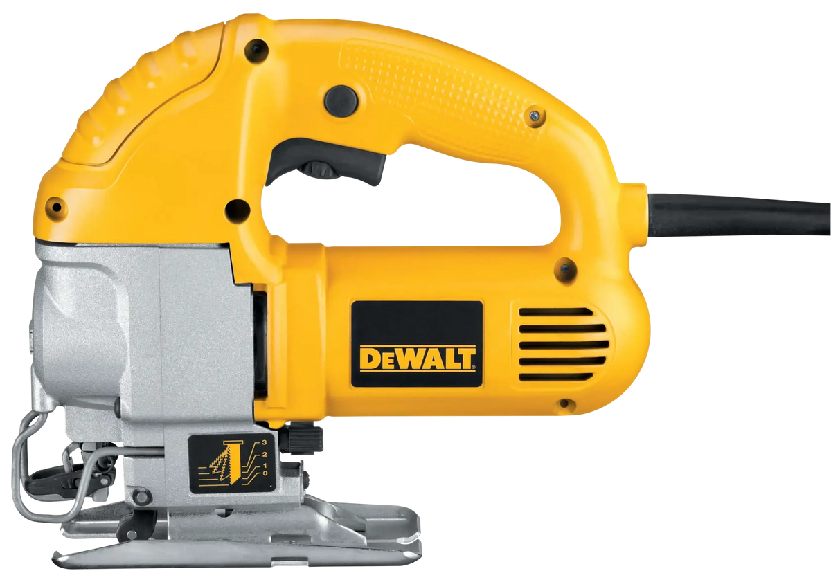 Profile view of the DEWALT DW317 orbital jig saw highlighting the ergonomic yellow handle, variable speed trigger, and all-metal gear case for professional durability.