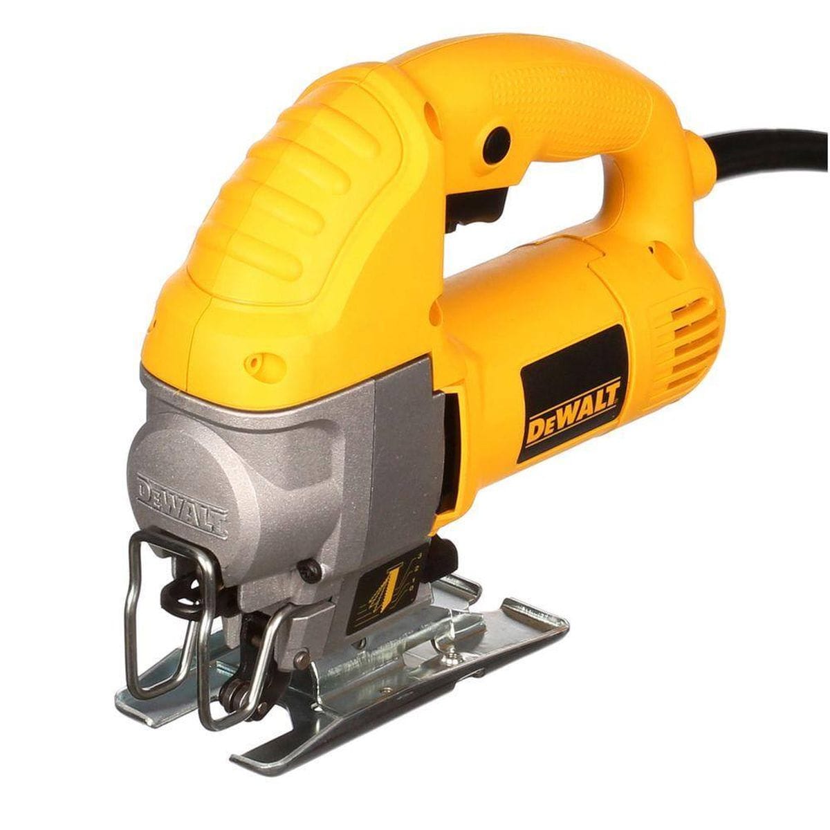 Three-quarter studio view of the DEWALT DW317 corded jig saw showing the front blade guard assembly and the 4-position orbital action adjustment lever.
