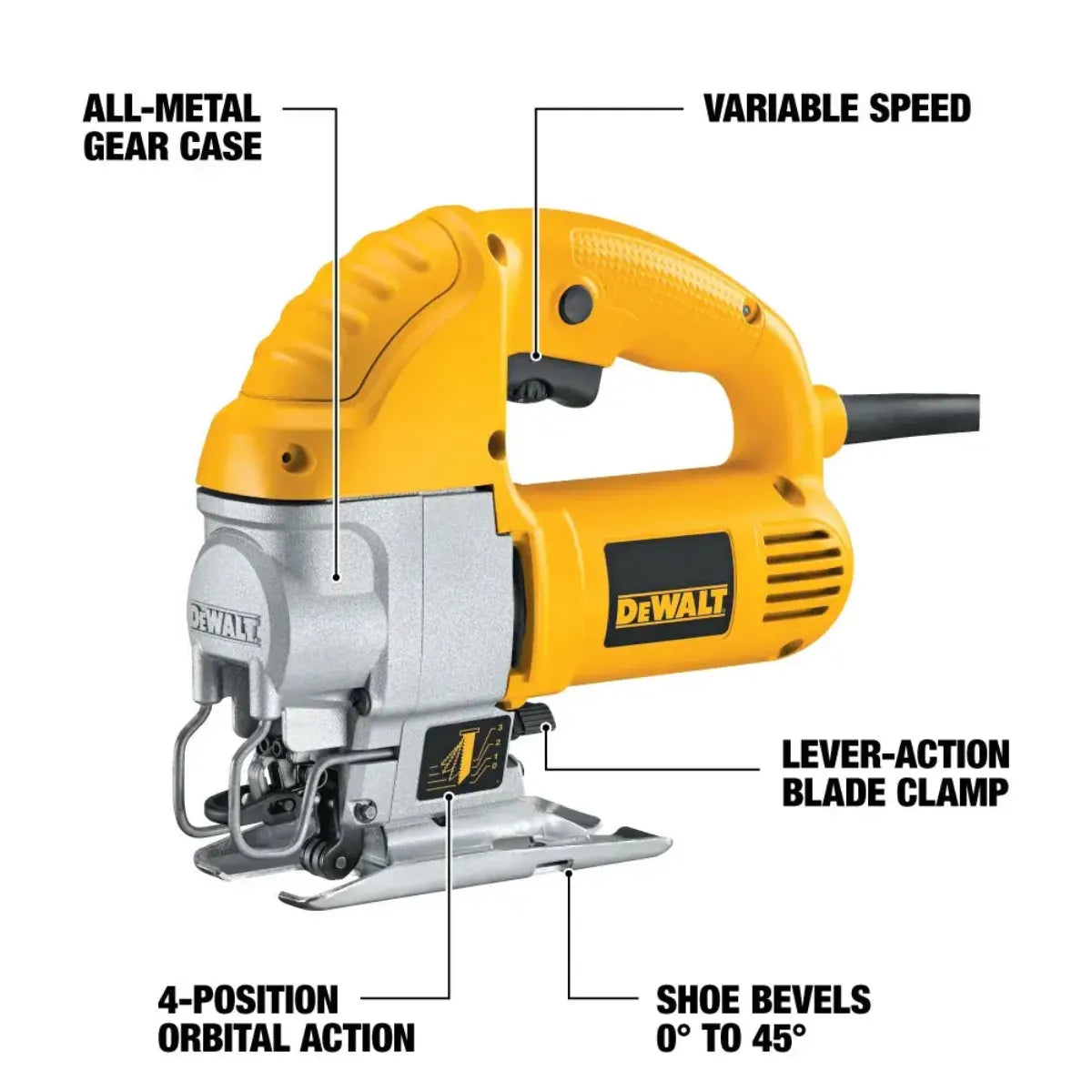 Diagram of the DEWALT DW317K jig saw with callouts for the all-metal gear case, variable speed trigger, lever-action blade clamp, 4-position orbital action, and 0 to 45 degree shoe bevel.