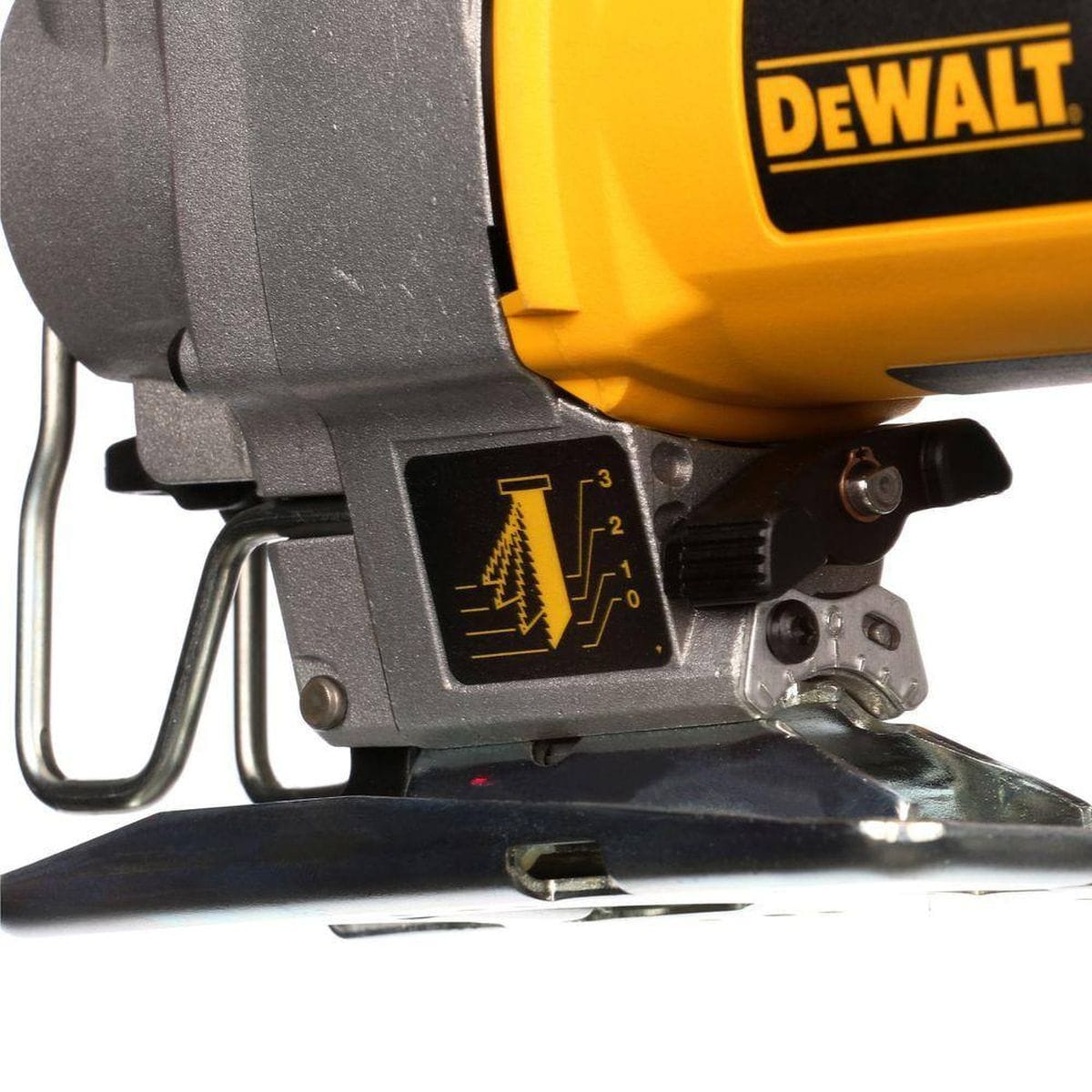 Close-up of the DEWALT DW317K orbital action adjustment dial with settings 0 through 3 for controlling cut aggressiveness and speed in different materials.