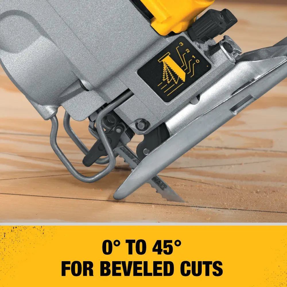 Demonstration of the DEWALT DW317K shoe beveling capability showing a 45 degree angled cut in progress with a specialized wood cutting blade.