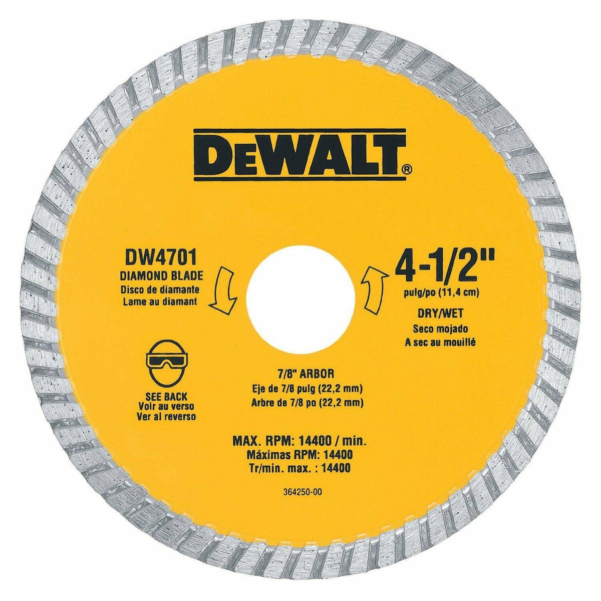DeWalt DW4701 4.5 Inch Dry/Wet Cut Diamond Masonry Circular Saw Blade with 7/8 Inch Arbor and 14400 RPM Max Speed