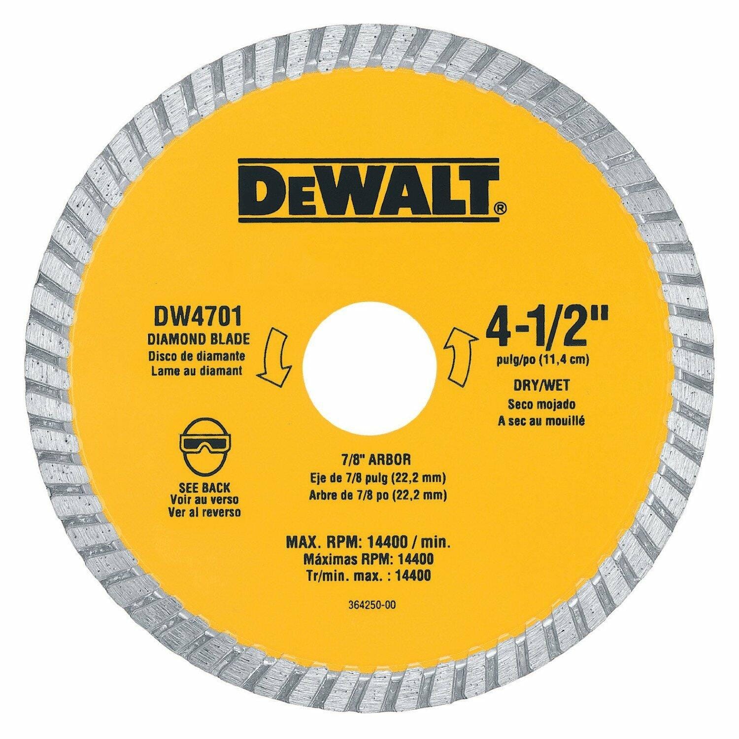DeWalt DW4701 4.5 Inch Dry/Wet Cut Diamond Masonry Circular Saw Blade with 7/8 Inch Arbor and 14400 RPM Max Speed