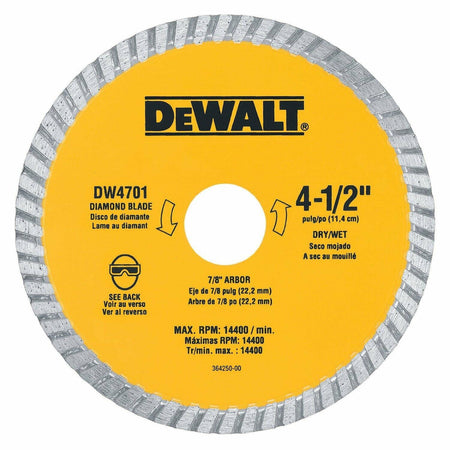 DeWalt DW4701 4.5 Inch Dry/Wet Cut Diamond Masonry Circular Saw Blade with 7/8 Inch Arbor and 14400 RPM Max Speed