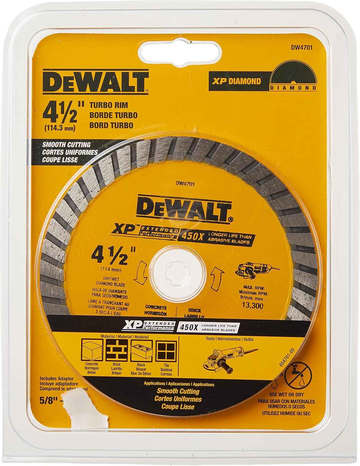 The DEWALT DW4701 4-1/2 inch XP Turbo Rim diamond masonry blade in its professional retail blister pack, highlighting its smooth cutting performance and 450X longer life compared to standard abrasive blades.