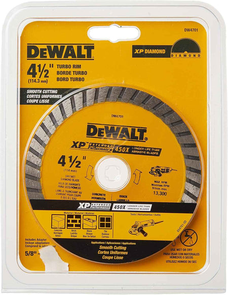 The DEWALT DW4701 4-1/2 inch XP Turbo Rim diamond masonry blade in its professional retail blister pack, highlighting its smooth cutting performance and 450X longer life compared to standard abrasive blades.
