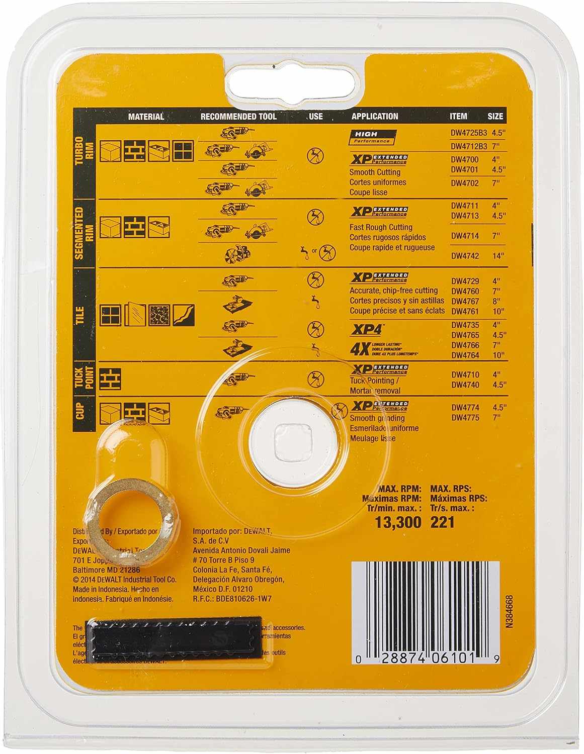 Rear view of the DEWALT diamond blade packaging featuring a comprehensive selection guide for turbo rim, segmented rim, and tile blades across various masonry and stone applications.