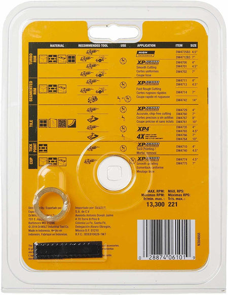 Rear view of the DEWALT diamond blade packaging featuring a comprehensive selection guide for turbo rim, segmented rim, and tile blades across various masonry and stone applications.