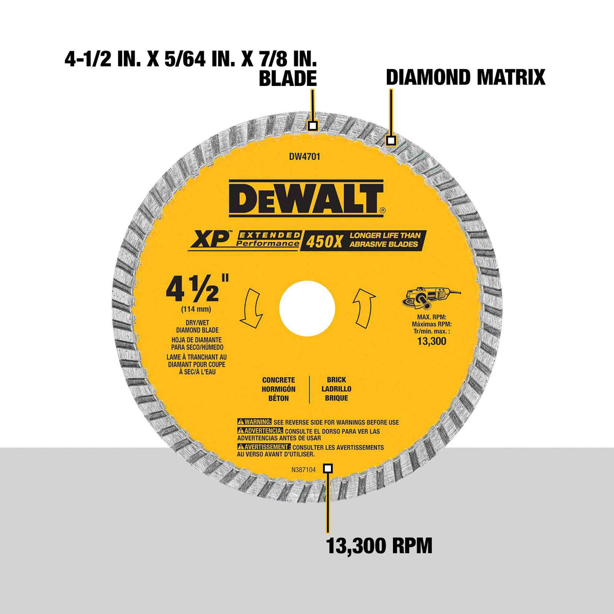 A technical features diagram of the DEWALT 4-1/2 inch diamond masonry blade highlighting the 5/64 inch thickness, high-performance diamond matrix, and industrial-grade 13,300 RPM rating.