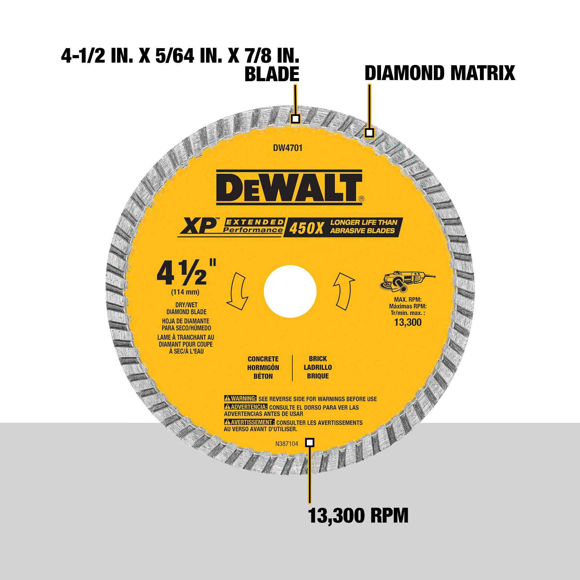 A technical features diagram of the DEWALT 4-1/2 inch diamond masonry blade highlighting the 5/64 inch thickness, high-performance diamond matrix, and industrial-grade 13,300 RPM rating.