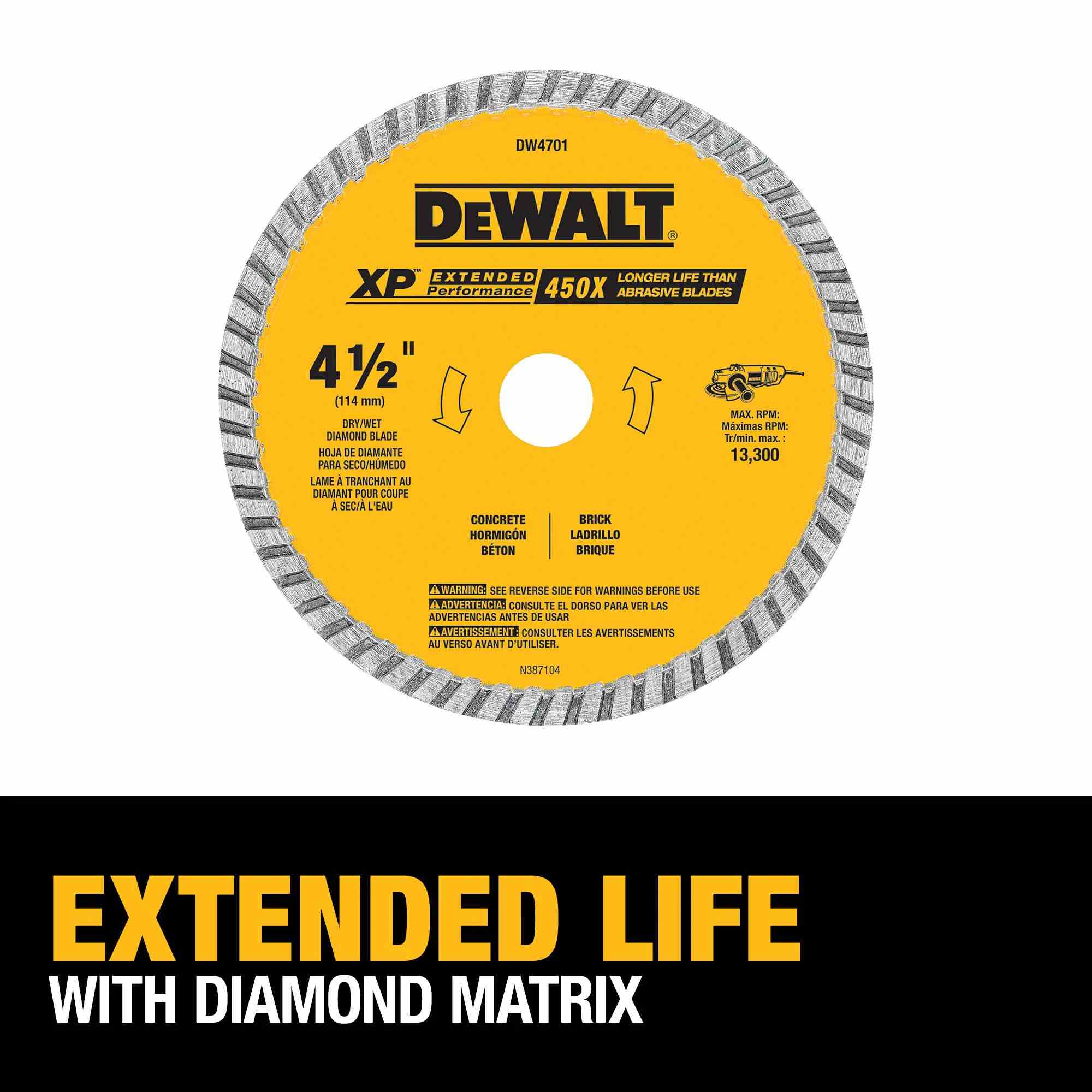Marketing graphic for the DEWALT XP Extended Performance masonry blade emphasizing the industrial diamond matrix designed for significantly extended tool life in high-demand construction environments.