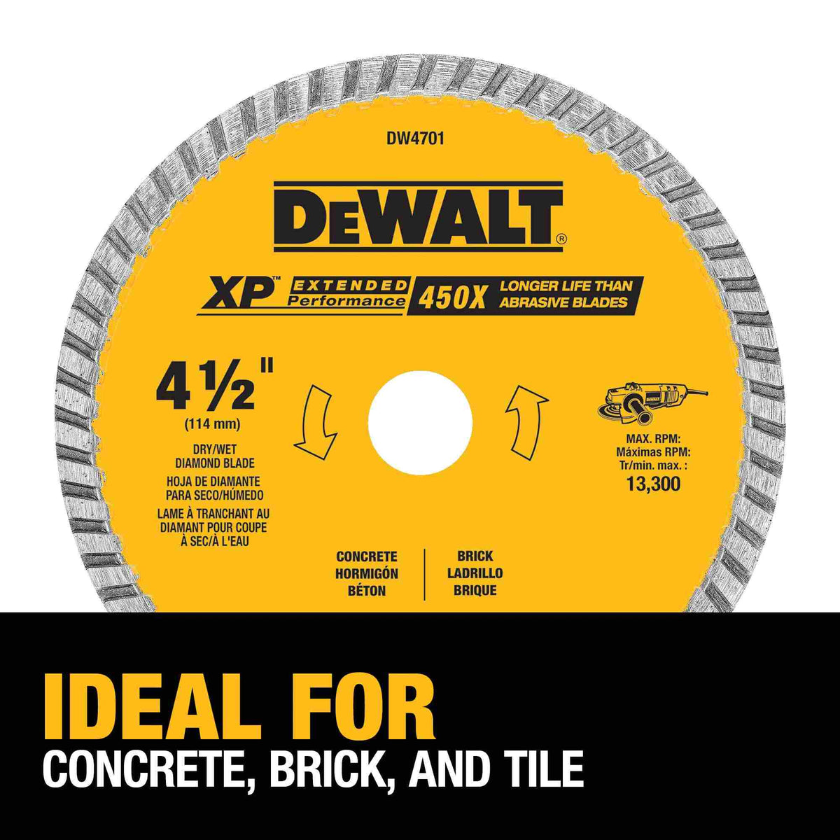 Application infographic for the DEWALT DW4701 diamond blade, illustrating its optimized performance for cutting concrete, brick, and tile with high precision.