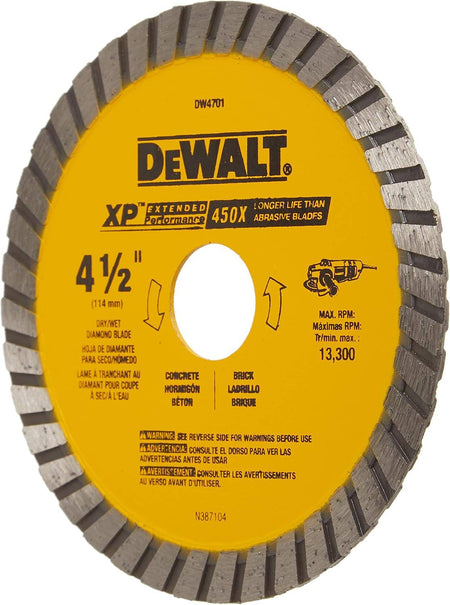 Perspective view of the DEWALT 4-1/2 inch turbo rim diamond blade showing the specialized cooling slots and reinforced core for stable, high-speed masonry cutting.