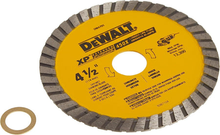 Close-up of the DEWALT diamond masonry saw blade with the included 5/8-inch arbor adapter, showcasing the industrial turbo rim designed for wet and dry dewatering and masonry tasks.