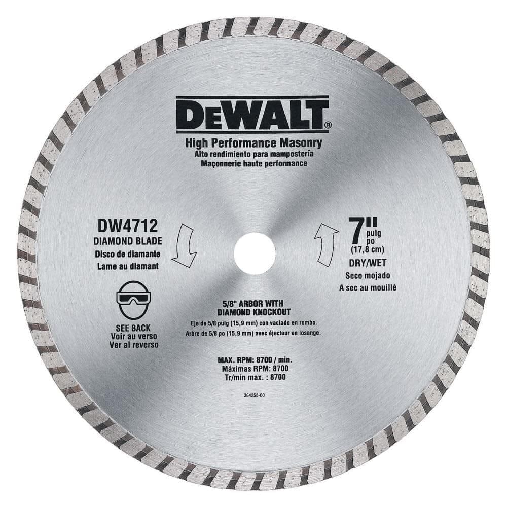 A top-down view of the DEWALT DW4712B 7-inch high-performance turbo diamond blade featuring a yellow steel core with a continuous turbo segmented rim designed for fast dry or wet cutting of masonry, block, and brick.