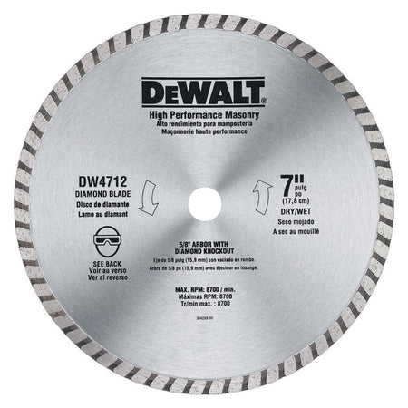 A top-down view of the DEWALT DW4712B 7-inch high-performance turbo diamond blade featuring a yellow steel core with a continuous turbo segmented rim designed for fast dry or wet cutting of masonry, block, and brick.