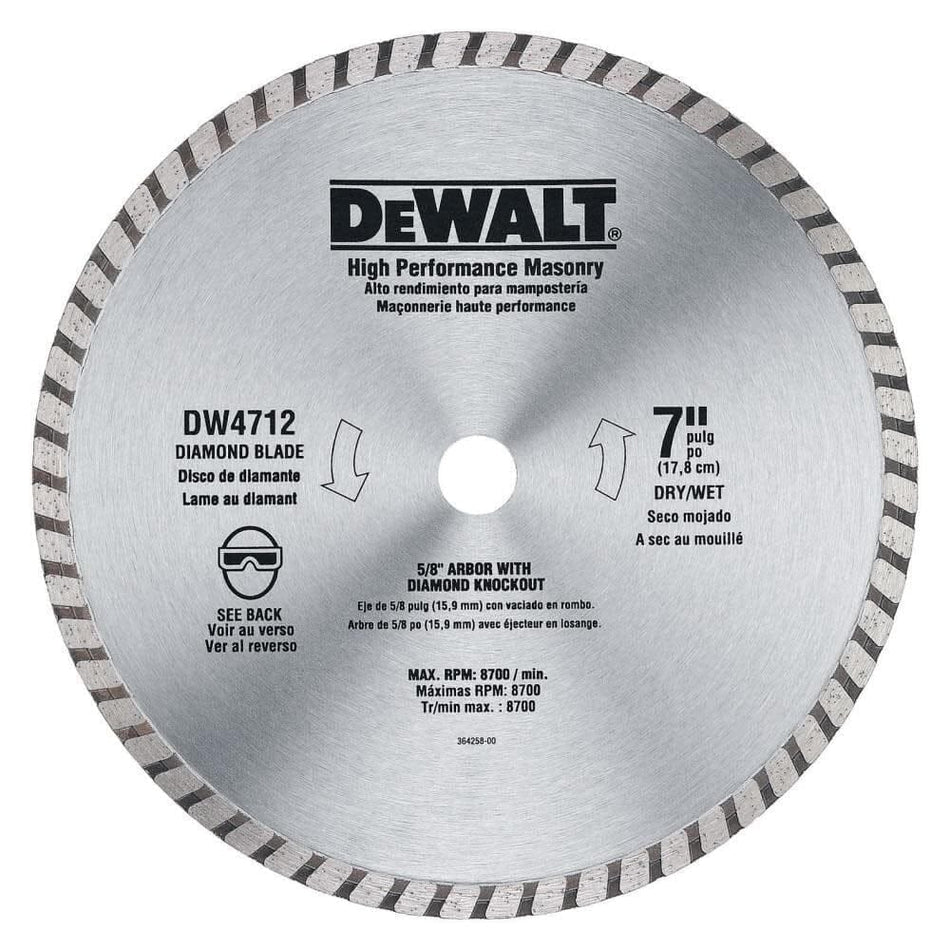 A top-down view of the DEWALT DW4712B 7-inch high-performance turbo diamond blade featuring a yellow steel core with a continuous turbo segmented rim designed for fast dry or wet cutting of masonry, block, and brick.