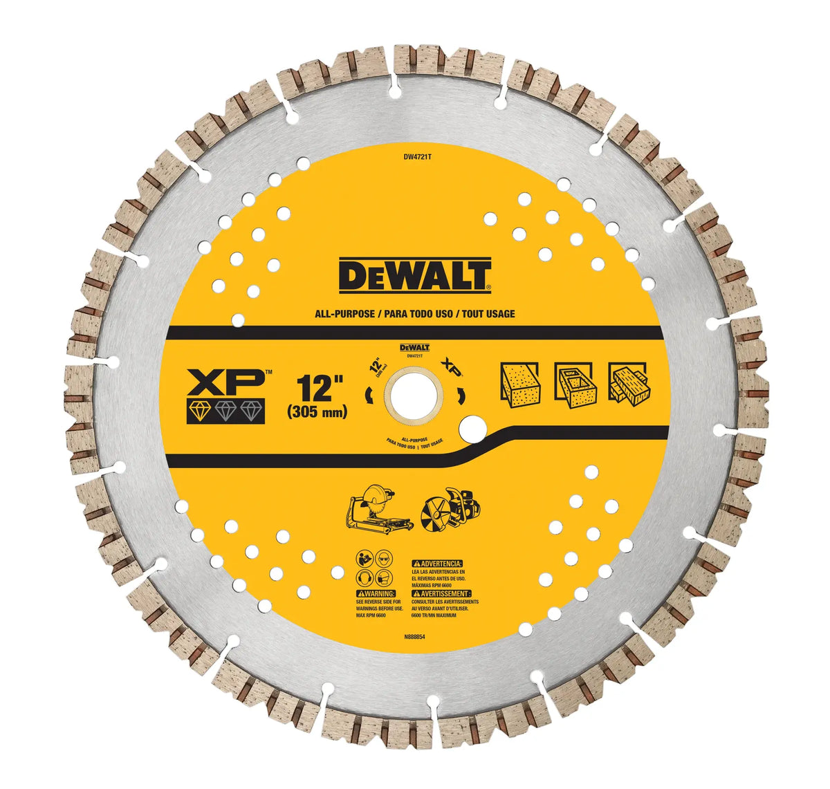 A front-facing studio view of the DEWALT 14-inch XP turbo segmented diamond blade. The image showcases the high-visibility yellow core with technical specifications, the segmented cutting rim, and the central 1-inch arbor hole with cooling vents designed for masonry and concrete applications.